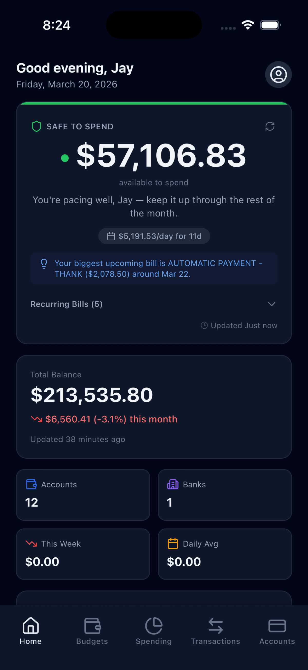 Unified mobile app — dashboard showing Safe to Spend, total balance, and connected accounts