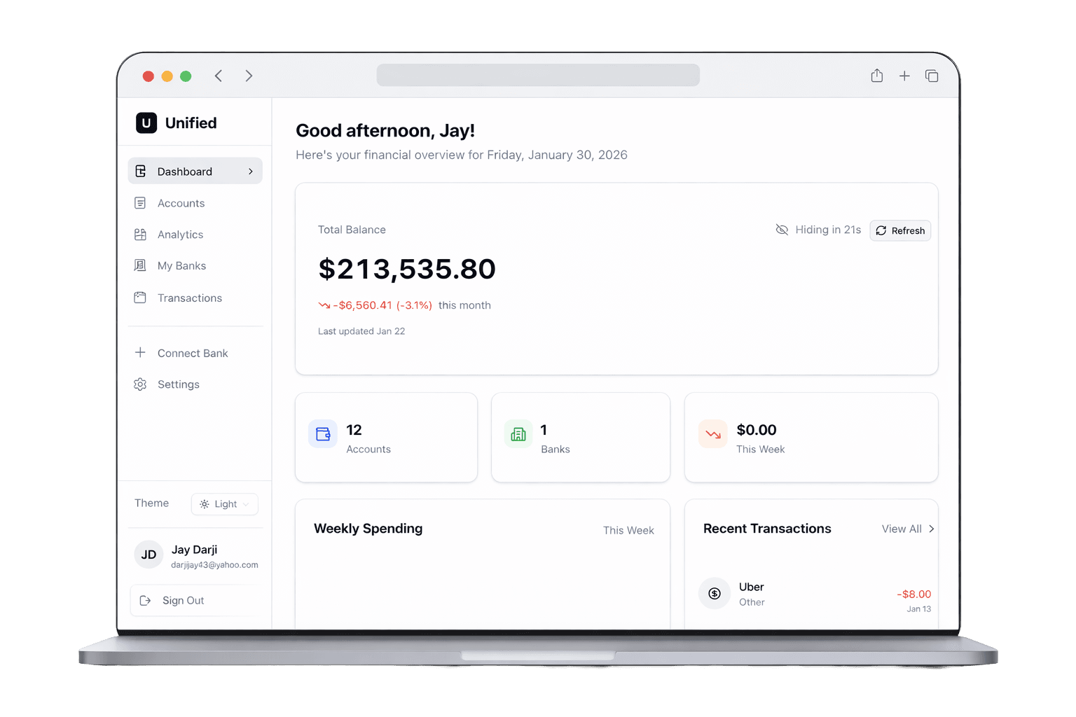Unified dashboard showing all your bank accounts in one place